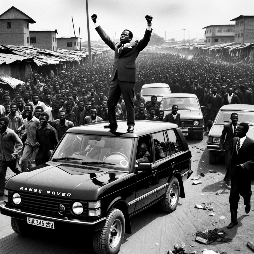 A person who seems to have just won elections on top of a car in a busy market place